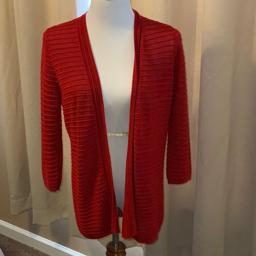 Bright red cardigan